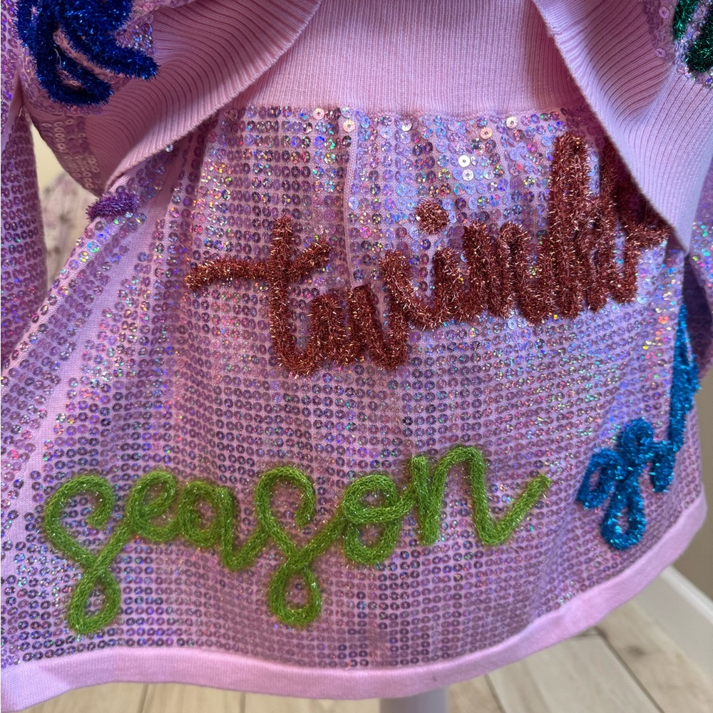 New! QUEEN OF SPARKLES Set! Pink Sequin Holiday Words Cardigan & Skirt Set - Picture 7 of 14